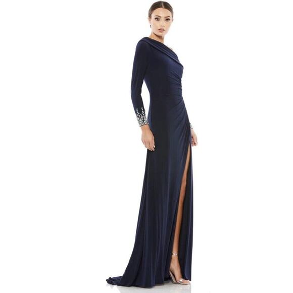 Mac Duggal Beaded Cuff Drop Shoulder Faux Wrap Gown Maxi Dress 8 Midnight Navy - Picture 4 of 15